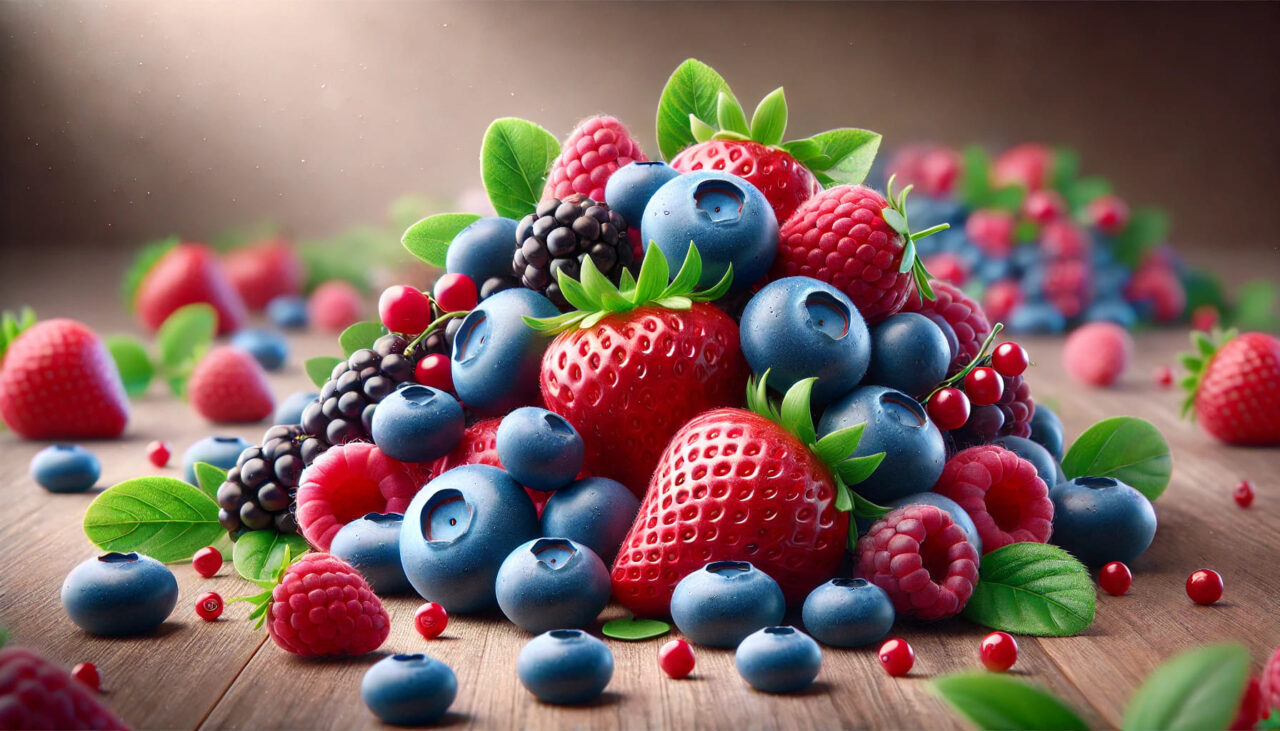 Frische Blaubeeren, Erdbeeren und Himbeeren auf einer Holzoberfläche.