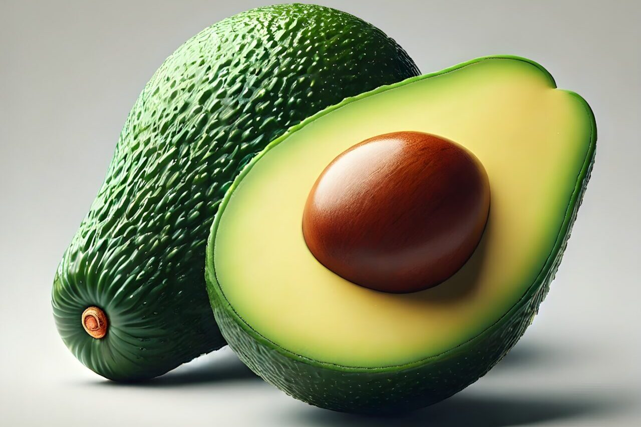 Frische Avocado mit einer ganzen Frucht und einer Hälfte mit Kern auf neutralem Hintergrund.