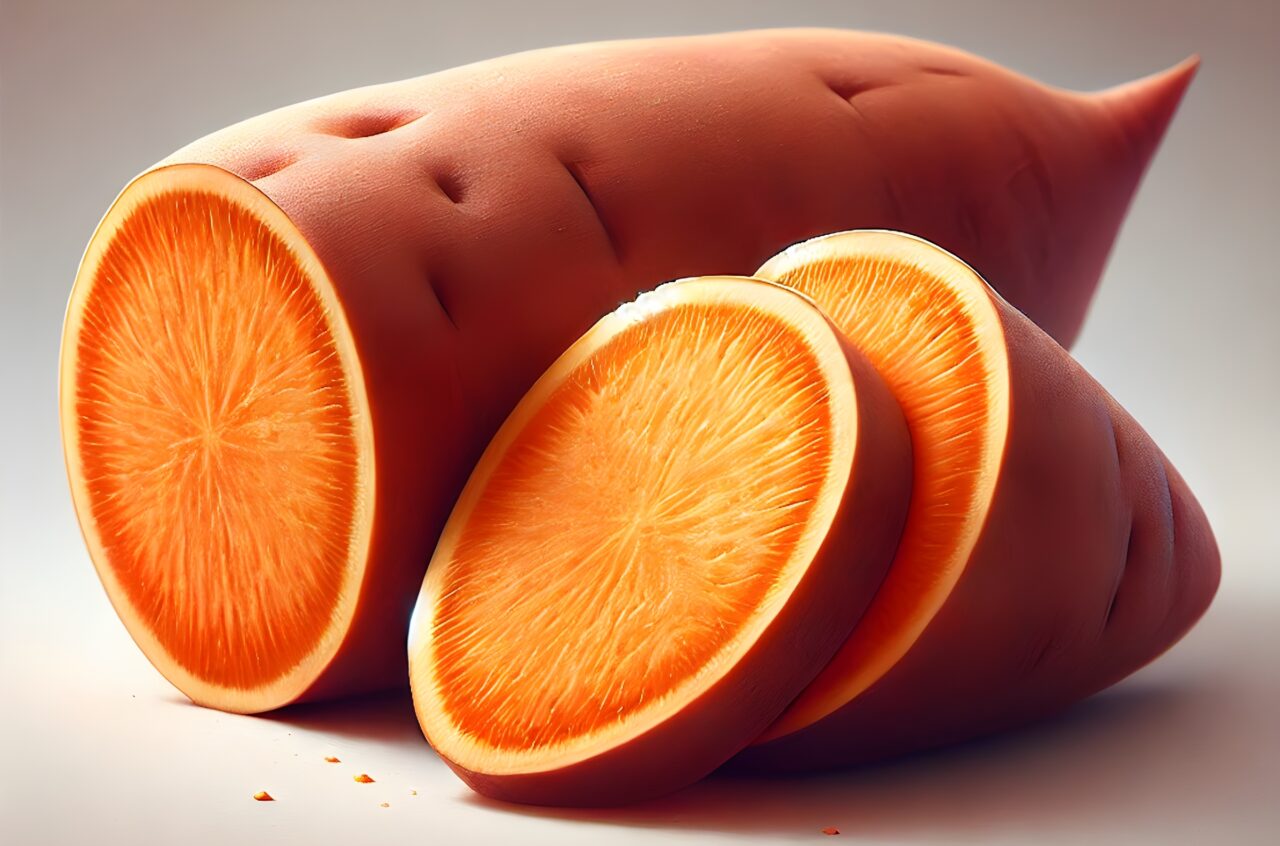 Aufgeschnittene Süßkartoffel mit leuchtend orangefarbenem Inneren, die auf einem neutralen Hintergrund präsentiert wird.